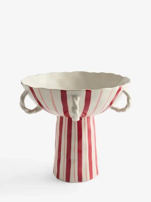 Red/white Striped Ceramic Decorative Footed Bowl