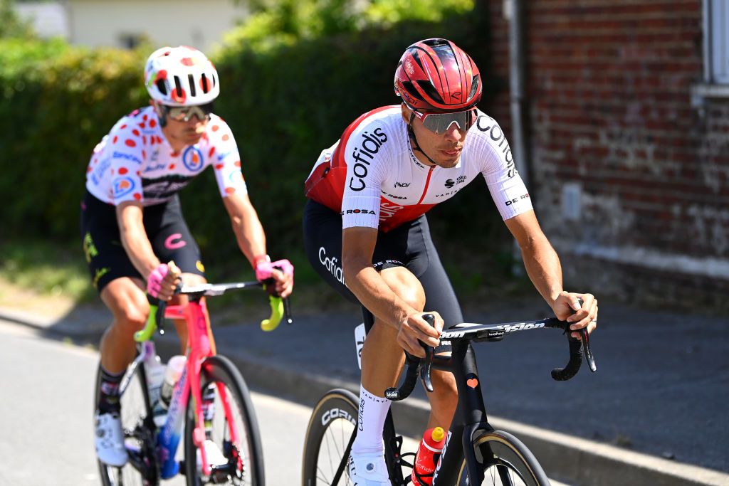 CALAIS FRANCE JULY 05 LR Magnus Cort Nielsen of Denmark and Team EF Education Easypost Polka Dot Mountain Jersey and Anthony Perez of France and Team Cofidis compete in the breakaway during the 109th Tour de France 2022 Stage 4 a 1715km stage from Dunkerque to Calais TDF2022 WorldTour on July 05 2022 in Calais France Photo by Tim de WaeleGetty Images