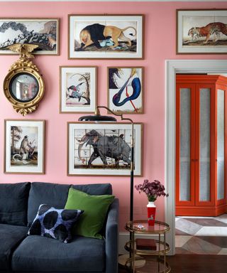 Bright pink wall with quirky animal framed prints