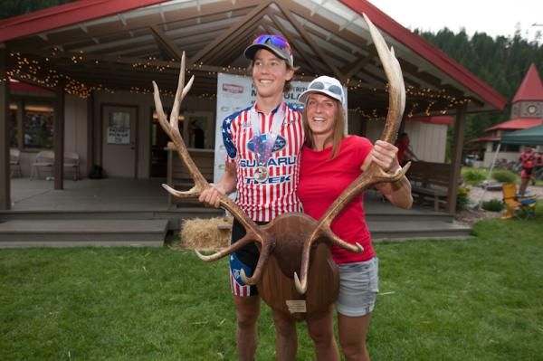 Sam Schultz (Subaru-Trek) with Emily Kipp show off his first place trophy. Montana style
