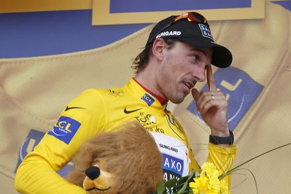 Fabian Cancellara, happy to be back in yellow.