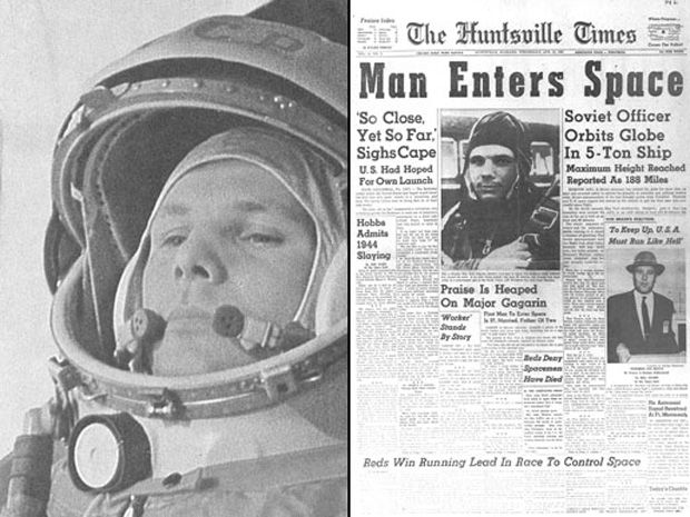 On April 12, 1961, Russian cosmonaut Yuri Gagarin (left, on the way to the launch pad) made the first human spaceflight, a 108-minute orbital journey in his Vostok 1 spacecraft. Newspapers like The Huntsville Times (right) trumpeted Gagarin's accomplishment.
