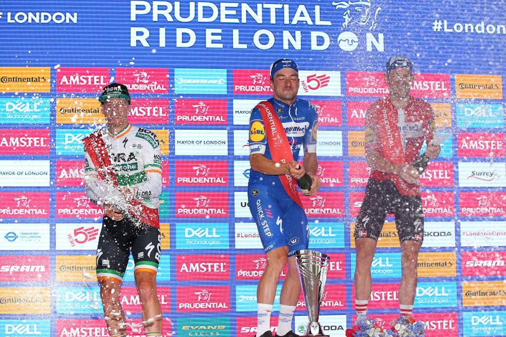 Sam Bennett, Elia Viviani and Michael Morkov celebrate on the RideLondon podium