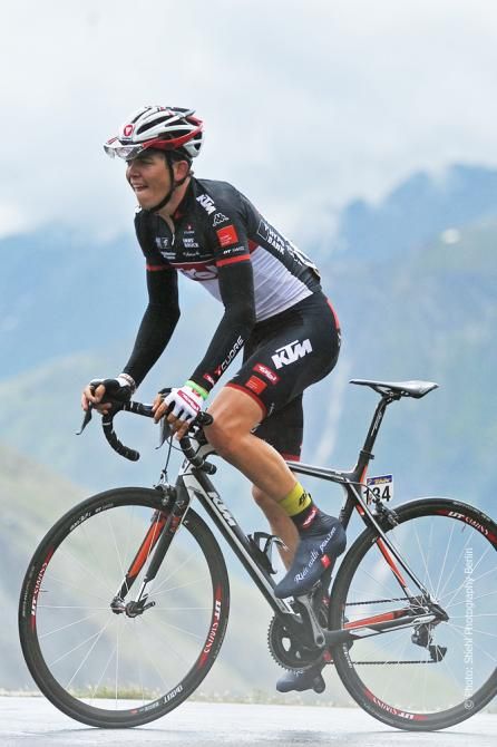 Gregor Muhlberger (Tirol Cycling Team) leads on the climb