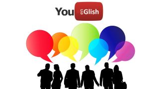 Silhouettes of people with speech balloons and YouGlish logo above