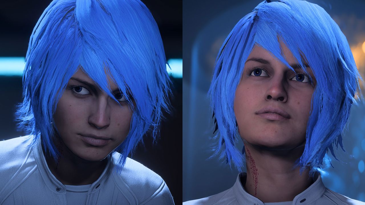 Withnail &mdash; A lot of the time an Andromeda character can look great in the editor but terrible in the light of the game world. That's not the case here, as Withnail's Ryder is probably when of the best looking in-game I've seen yet. The blue hair aside, the eyes aren't bulging and the face looks a step above nearly all the presets.