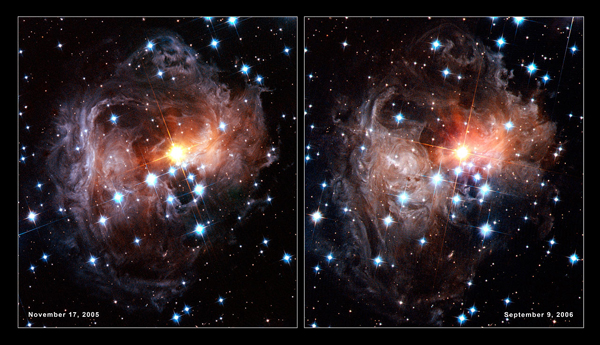 A view of &quot;light echo&quot; from dust illuminated by a nearby star, V838 Monocerotis, as it became 600,000 times more luminous than our sun in January 2002.