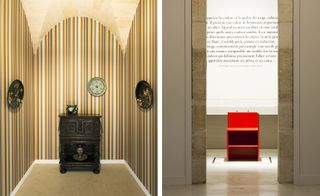 Left, Irma Boom-designed wallpaper serves as a backdrop to furniture and ceramics from the Hôtel de Lalande. Right, a display of colour and minimalism including Donald Judd’s ‘Corner’ chair from 1984