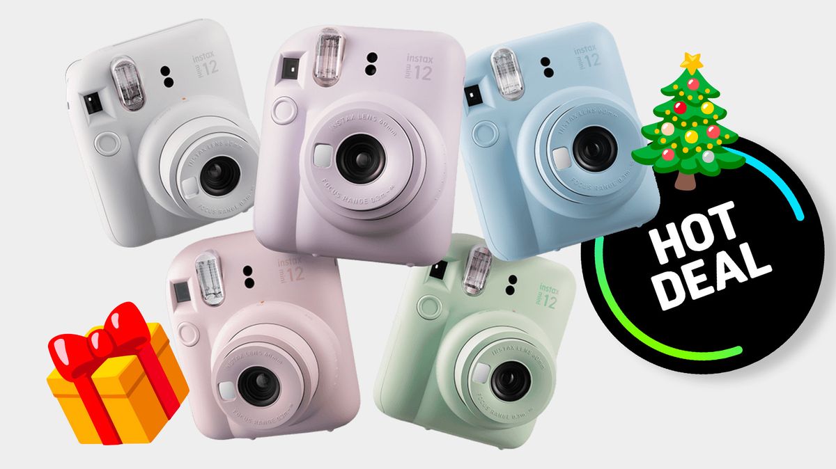 Five Instax Mini 12 cameras in different colors, next to present and Christmas Tree emojis and a &#039;Hot Deal&#039; roundel 