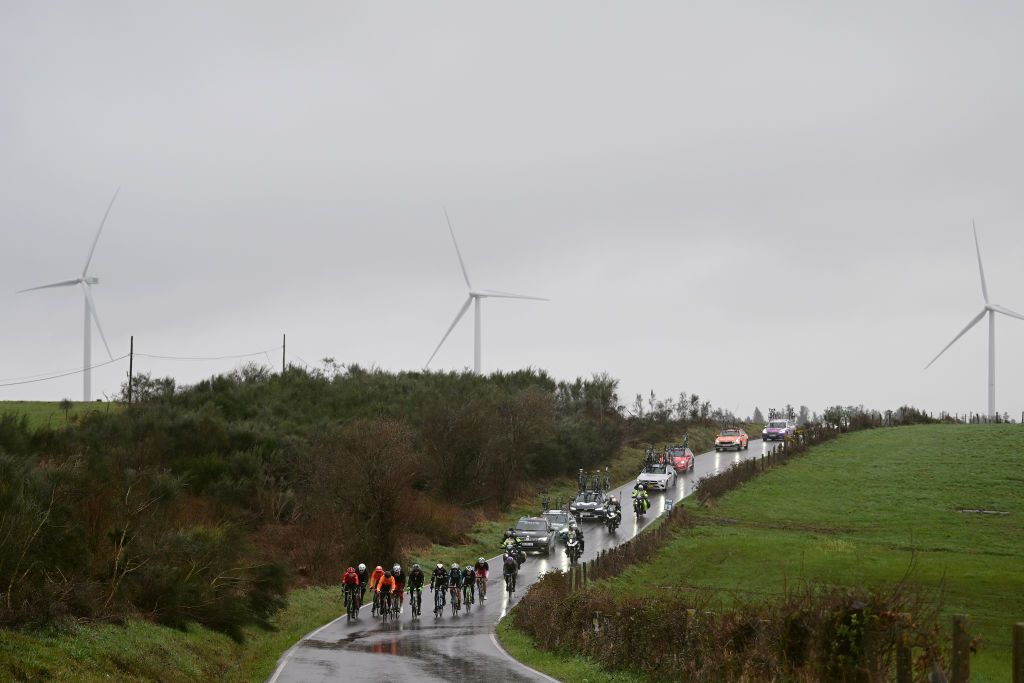 CHANTADA SPAIN FEBRUARY 23 A general view of Jorge Arcas of Spain and Movistar Team Embret SvestadBardseng of Norway and Team Arkea BB Hotels Sebastian Berwick of Australia and Team Caja Rural Seguros RGA Diego Uriarte of Spain and Team Equipo Kern Pharma Jose Manuel Diaz of Spain and Team Burgos BH Enekoitz Azparren of Spain and Team Euskaltel Euskadi Xabier Mikel Azparren of Spain and Q365 Pro Cycling Team Davide Bais of Italy Andrea Pietrobon of Italy and Team Polti Kometa Alex Molenaar of The Netherlands and Team Illes Balears Arabay Cycling Tiago Antunes of Portugal and Team Efapel Cycling and Frederico Figueiredo of Portugal and Team Sabgal Anicolor compete in the breakaway during the 3rd O Gran Camio The Historical Route 2024 Stage 2 a 1512km stage from Taboada to Chantada 481m on February 23 2024 in Chantada Spain Photo by Dario BelingheriGetty Images