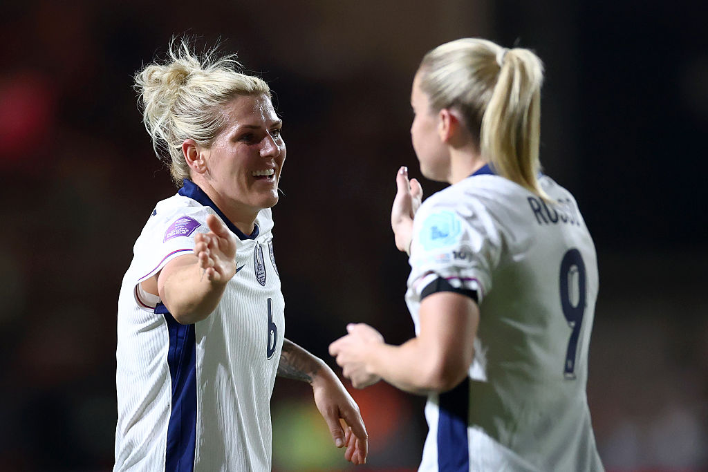 Millie Bright and Alessia Russo of England celebrate after team-mate Lucy Bronze scored the opening goal during the UEFA Women's Nations League 2024/25 Grp A3 MD3 match between England and Belgium at Ashton Gate on April 04, 2025 in Bristol, England.