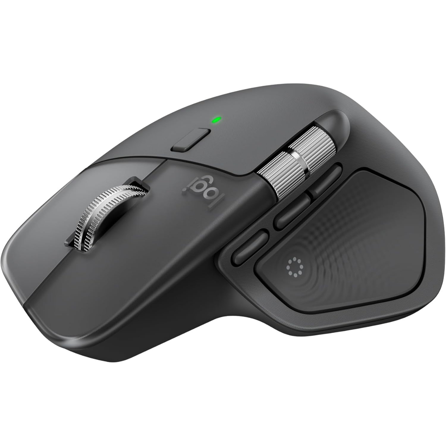 A sleek, ergonomic black computer mouse with a metal scroll wheel and additional side buttons. The mouse features a small green light indicator.