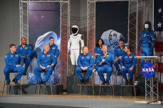 NASA's first commercial crew astronauts. Flying on SpaceX's Crew Dragon (at left): Bob Behnken, Victor Glover, Doug Hurley and Mike Hopkins. Flying on Boeing's Starliner: Eric Boe, Sunita Williams, Chris Ferguson, Josh Cassada and Nicole Mann.