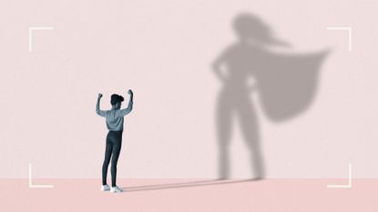 Illustration of a woman learning how to be more confident in superhero pose with large shadow against pink wall