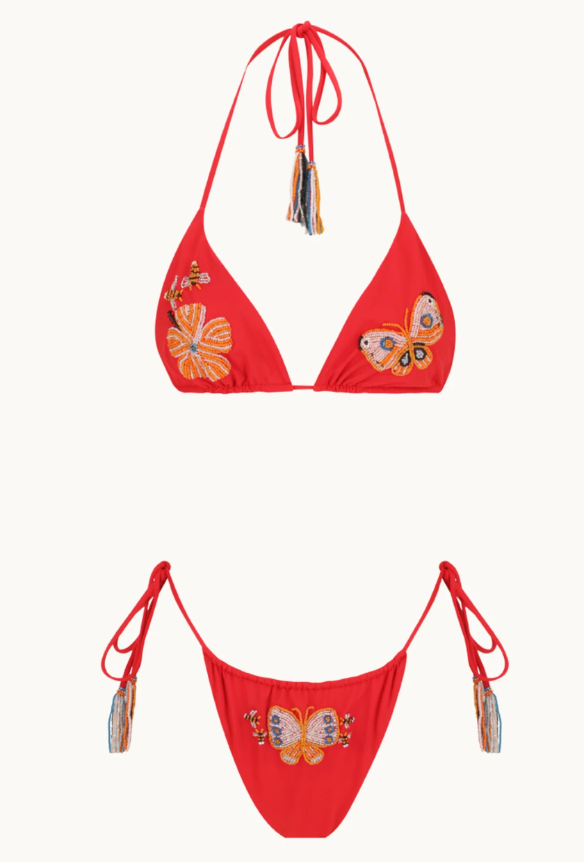 An image of a red beaded bikini from Cleonie Swimwear, an Australian swimwear brand.