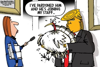 Political cartoon U.S. Trump turkey pardon joining staff Thanksgiving