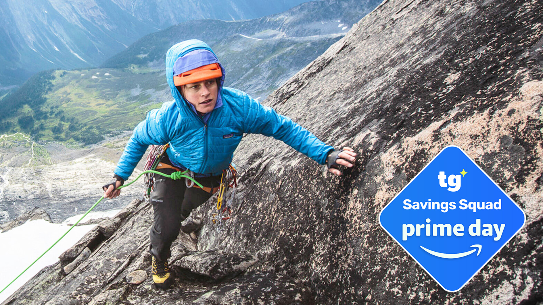 A mountain climber wearing a blue Patagonia Nano Puff on a rock face