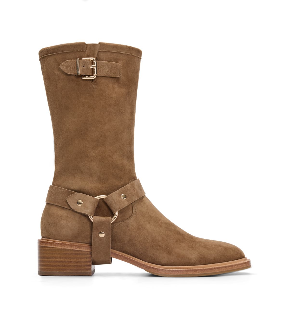 Tern Coffee Tan Suede &amp;amp; Hardware Heeled Boots