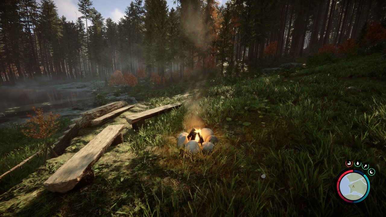 sons of the forest fire burning in a forest clearing