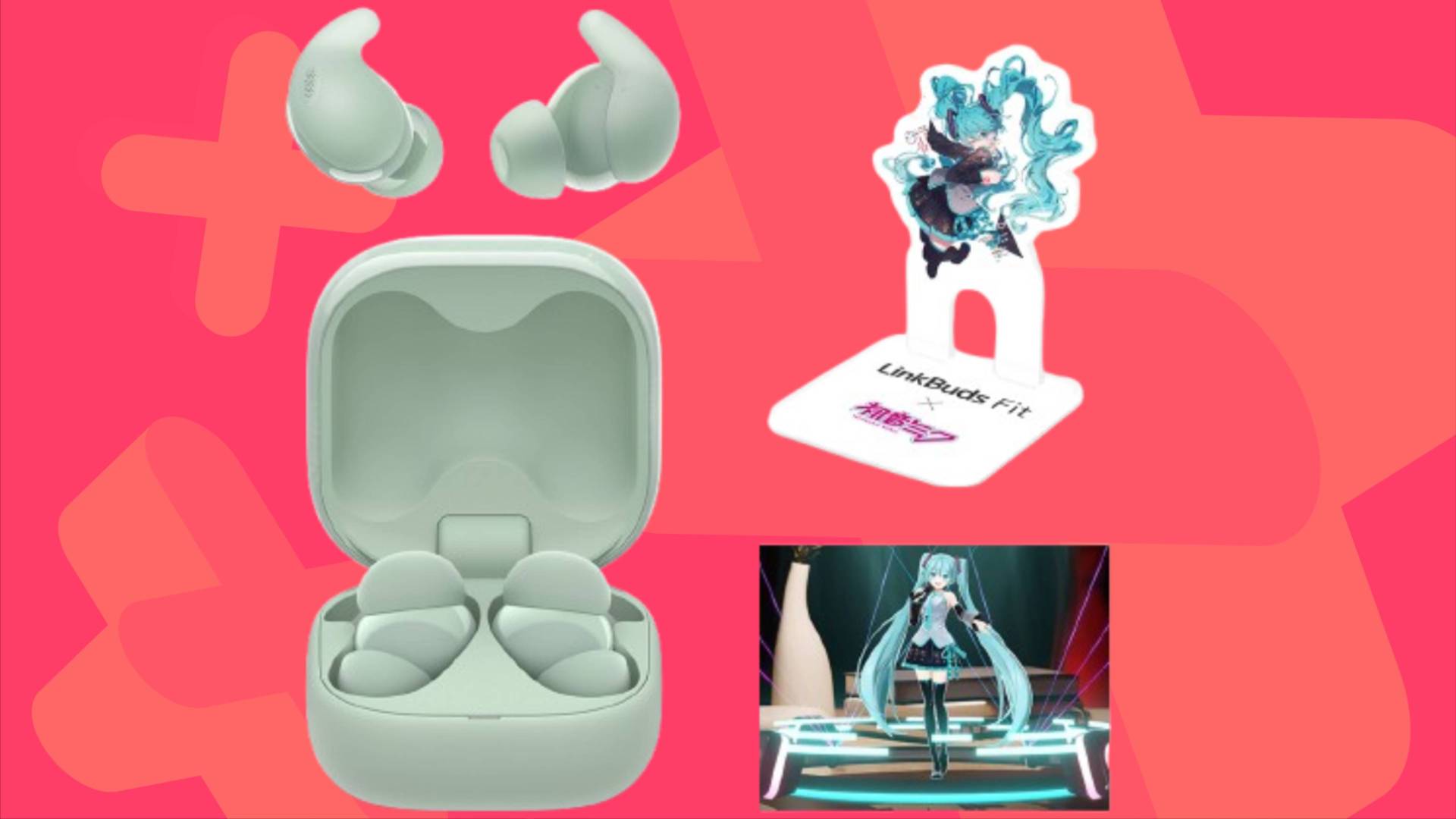 Image of the Hatsune Miku green LinkBuds fit, the acrylic stand and the model on a pink GamesRadar+ background.