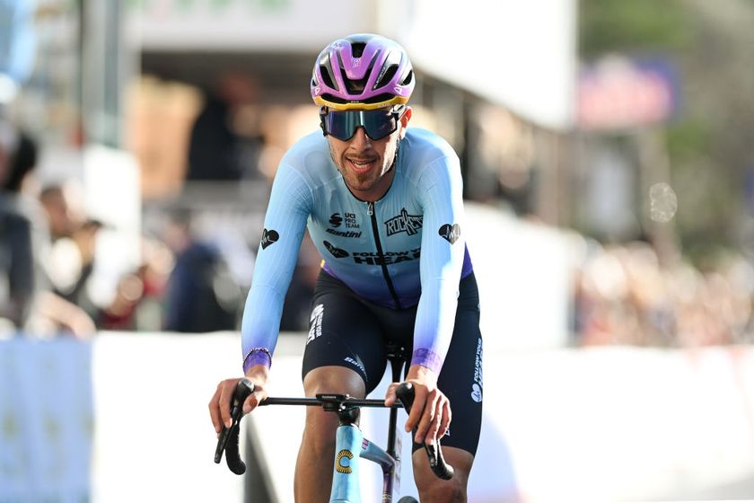 LAIGUEGLIA, ITALY - MARCH 05: Giovanni Carboni of Italy and Team Unibet Tietema Rockets crosses the finish line during the 62nd Trofeo Laigueglia 2025 a 197km one day race from Laigueglia to Laigueglia on March 05, 2025 in Laigueglia, Italy. (Photo by Dario Belingheri/Getty Images)