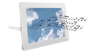 Musical notes stream from the screen of a tablet computer