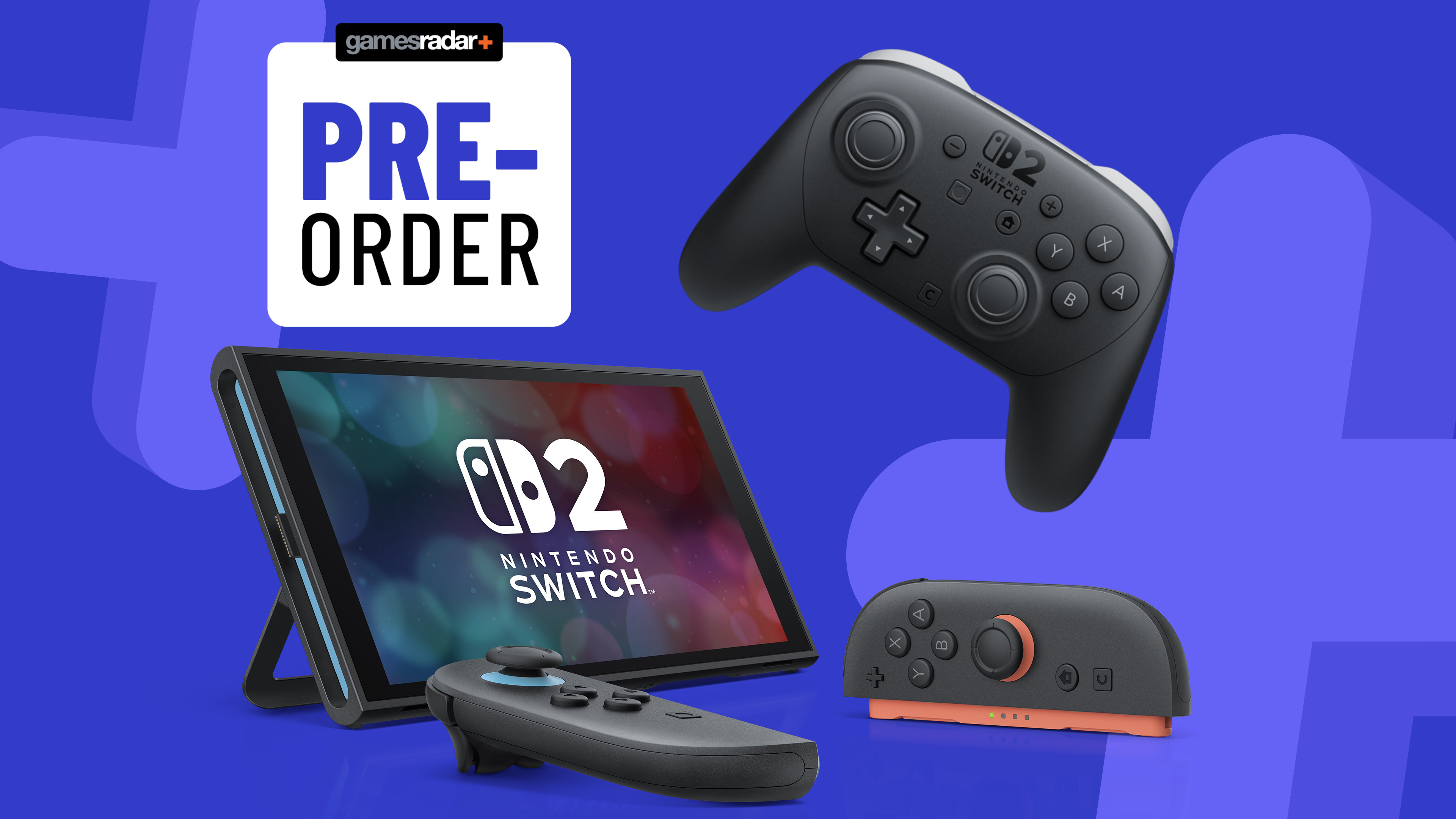 Nintendo Switch 2 with Pro Controller on a blue background with pre-order badge