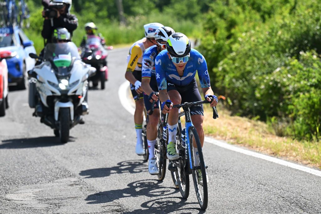 RAPOLANO TERME ITALY MAY 09 Pelayo Sanchez of Spain and Movistar Team competes in the breakaway during the 107th Giro dItalia 2024 Stage 6 a 180km stage from Viareggio to Rapolano terme 322m UCIWT on May 09 2024 in Rapolano terme Italy Photo by Tim de WaeleGetty Images