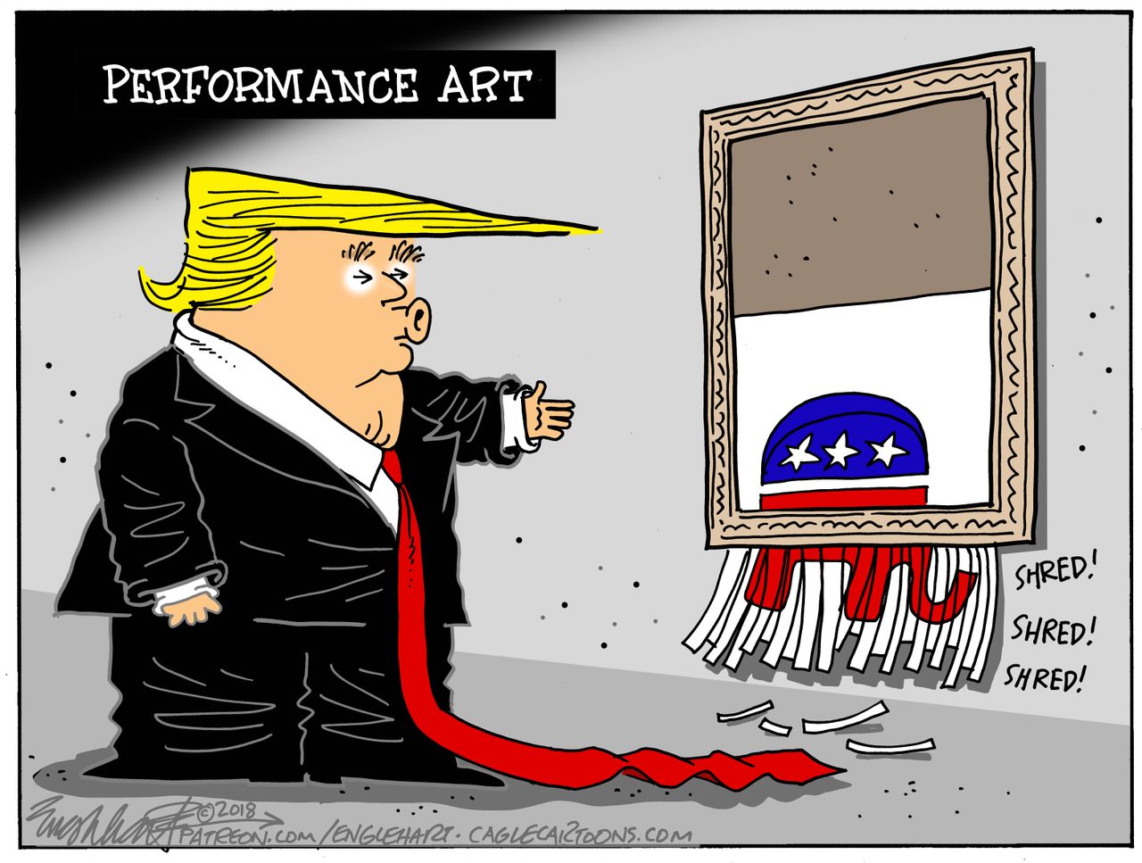 Political cartoon U.S. Trump GOP shredding Banksy artwork