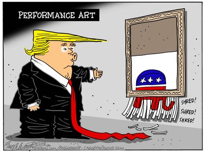 Political cartoon U.S. Trump GOP shredding Banksy artwork