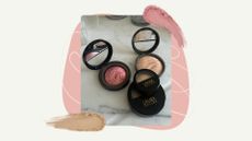 Image of Laura Geller makeup on a beige background with a pink circle and swirls, plus powder blush and bronzer swatches