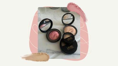 Image of Laura Geller makeup on a beige background with a pink circle and swirls, plus powder blush and bronzer swatches