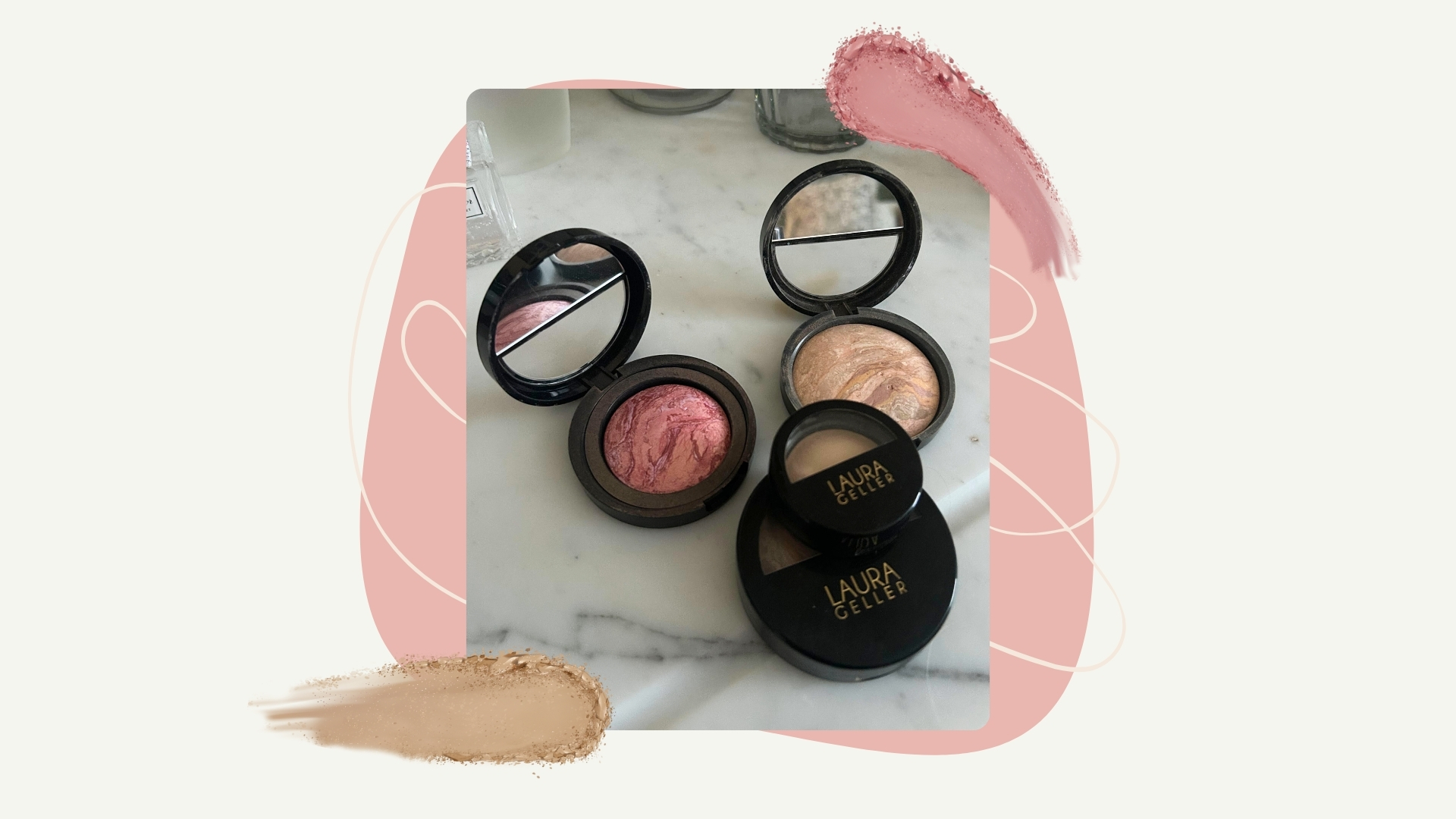 Image of Laura Geller makeup on a beige background with a pink circle and swirls, plus powder blush and bronzer swatches