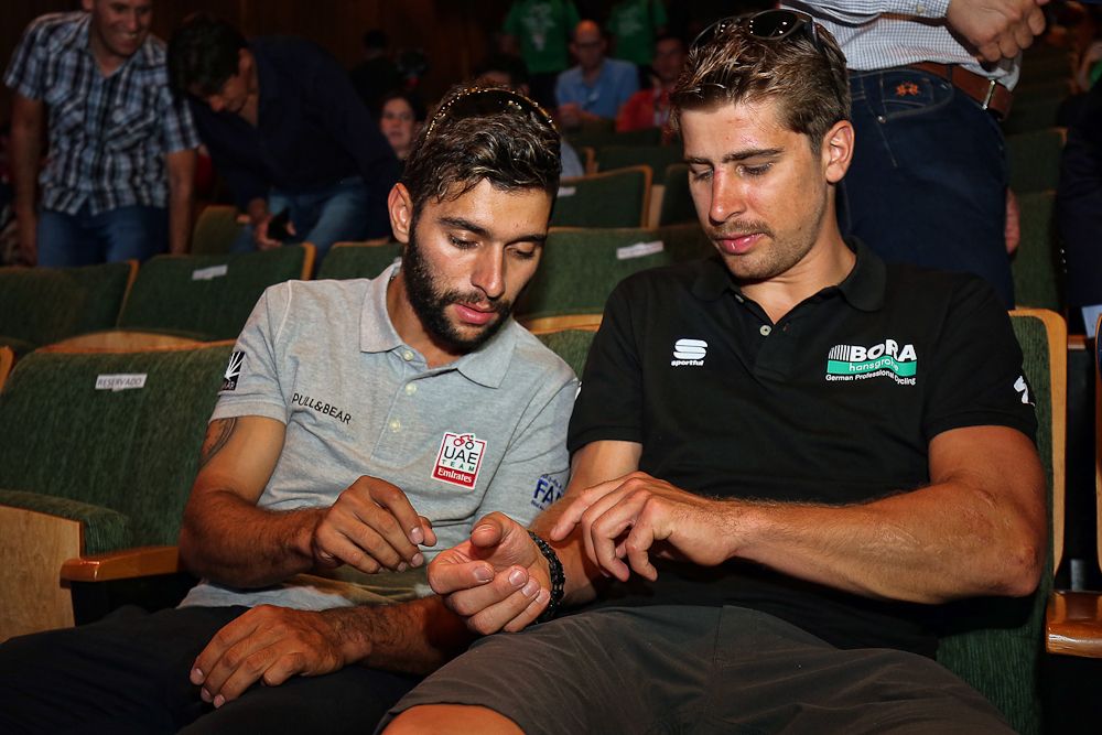Fernando Gaviria and Peter Sagan wait for the Vuelta a San Juan press conference