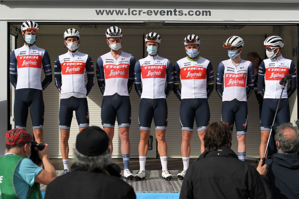 BELLEGARDE FRANCE FEBRUARY 03 Start Alex Kirsch of Luxembourg Ryan Mullen of Ireland Vincenzo Nibali of Italy Bauke Mollema of Netherlands Mattias Skjelmose Jensen of Denmark Mads Pedersen of Denmark Edward Theuns of Belgium and Team Trek Segafredo during the 51st toile de Bessges Tour du Gard 2021 Stage 1 a 14355km stage from Bellegarde to Bellegarde 57m Mask Covid Safety Measures EDB2020 on February 03 2021 in Bellegarde France Photo by Luc ClaessenGetty Images