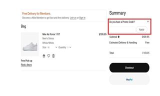 A screenshot of the Nike checkout demonstrating where to find the discount code field