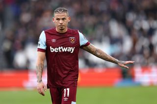 Kalvin Phillips of West Ham during the Premier League match between West Ham United and Arsenal FC at London Stadium on February 11, 2024 in London, England. 