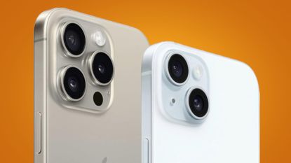iPhone 15 Pro and iPhone 15 on an orange background