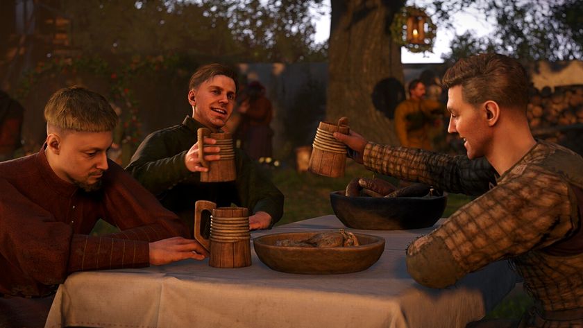 Kingdom Come: Deliverance 2 screenshot showing a group of medieval men sitting at a table with food, cheering together with wooden mugs of beer lifted high