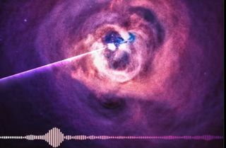 Screenshot of black hole recording from NASA exoplanets Twitter account, purple swirling cosmic background with visible sound bar and radar-style tracking arm.