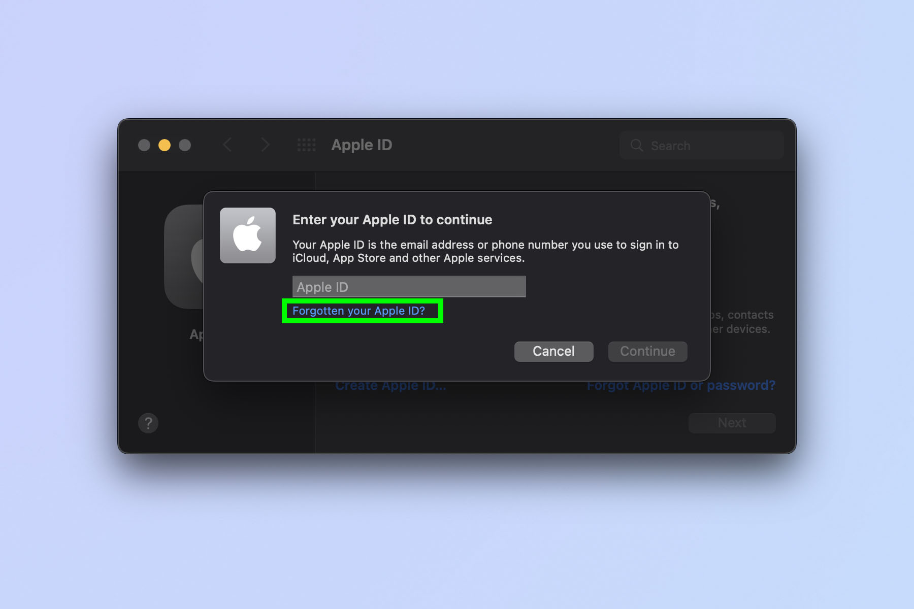 Снимок экрана, показывающий, как найти свой Apple ID на Mac, который вышел из системы