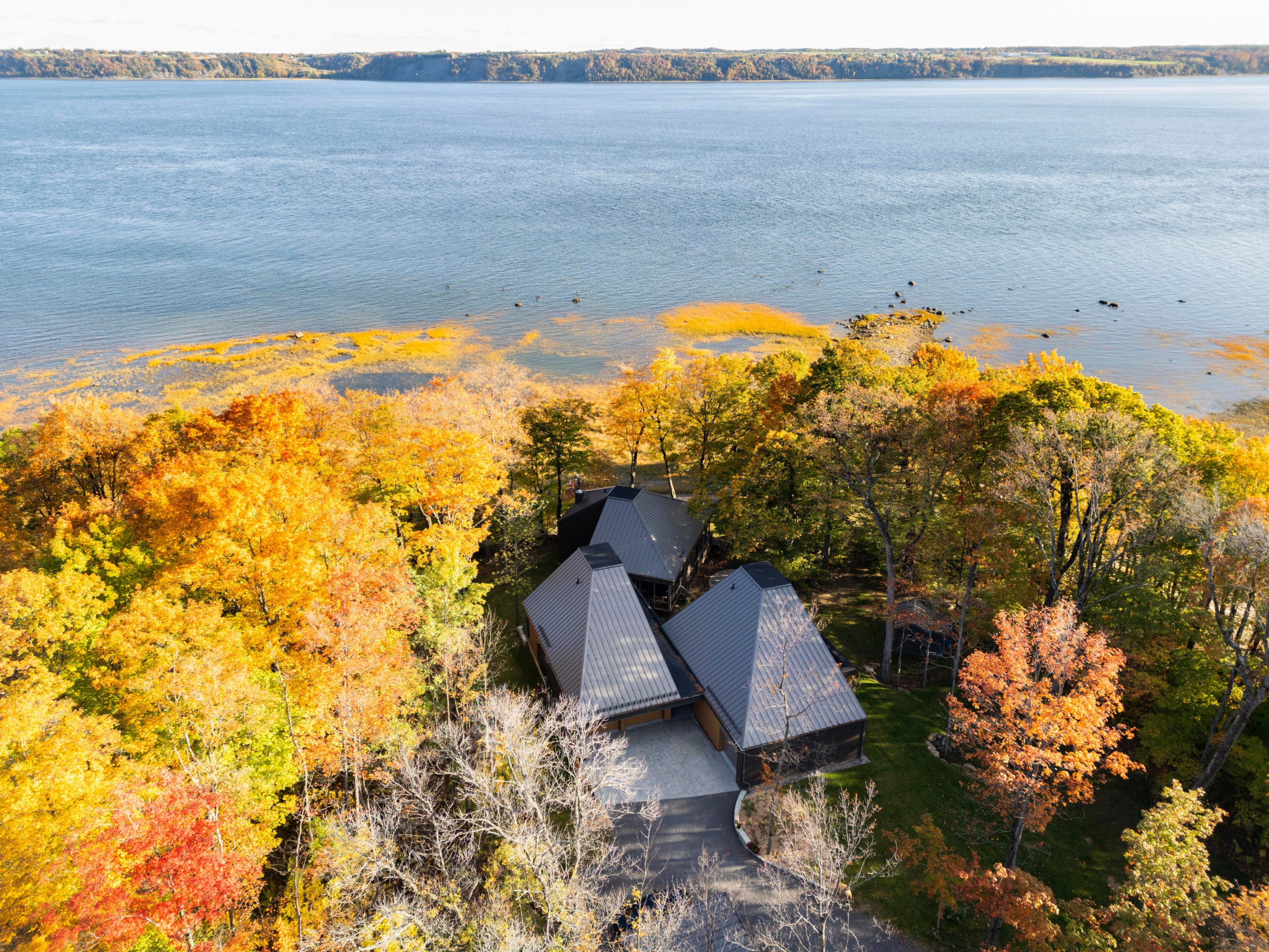 An aerial view of the house, showing the three individual pavilions