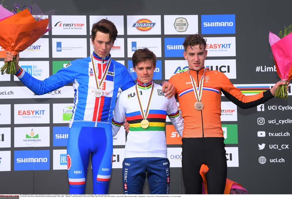 The junior men's podium of Tomas Kopecky (Cze), Ben Tulett (GBr) and Ryan Kamp (Ned)