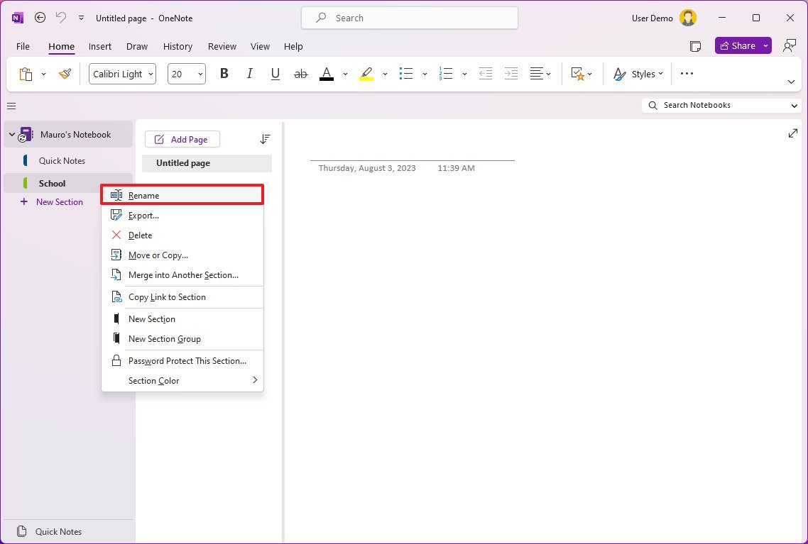 OneNote переименовать