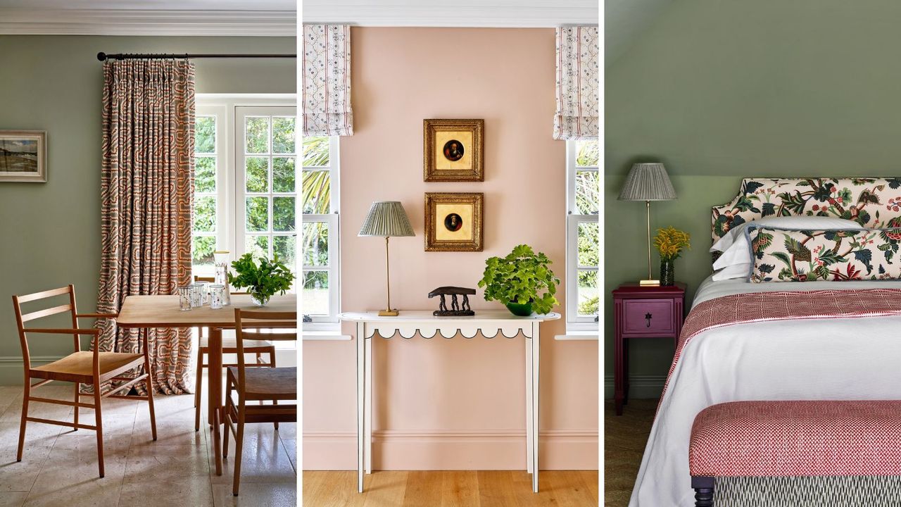 three images of colourful country home featuring dining room, hallway and bedroom