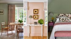 three images of colourful country home featuring dining room, hallway and bedroom