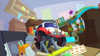 A small car races through a domestic environment.