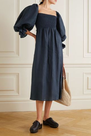 Sleeper Atlanta off-the-shoulder shirred linen midi dress