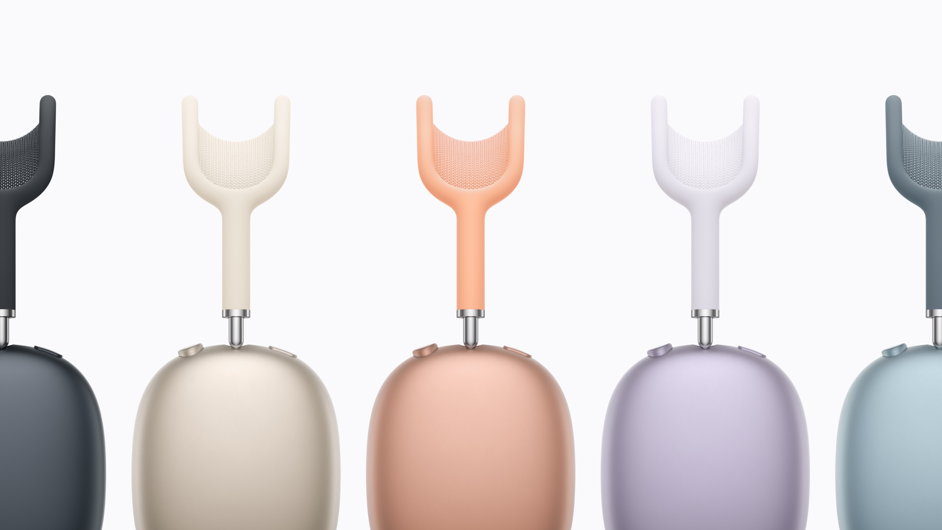 Five sets of Apple AirPods Max 2 in various colourways on a white background