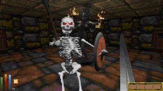 A skeleton attacks with a spear